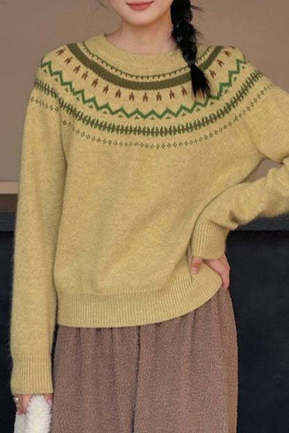 Fair Isle Pattern Loose Crew Neck Color Block Minimalist Sweater