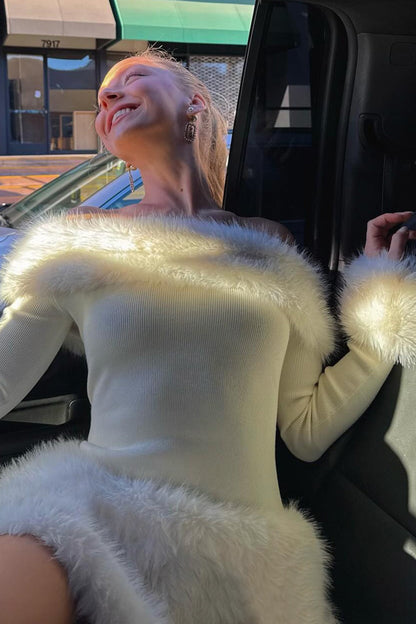 Faux Fur Trim Off-The-Shoulder Bodycon Mini Dress