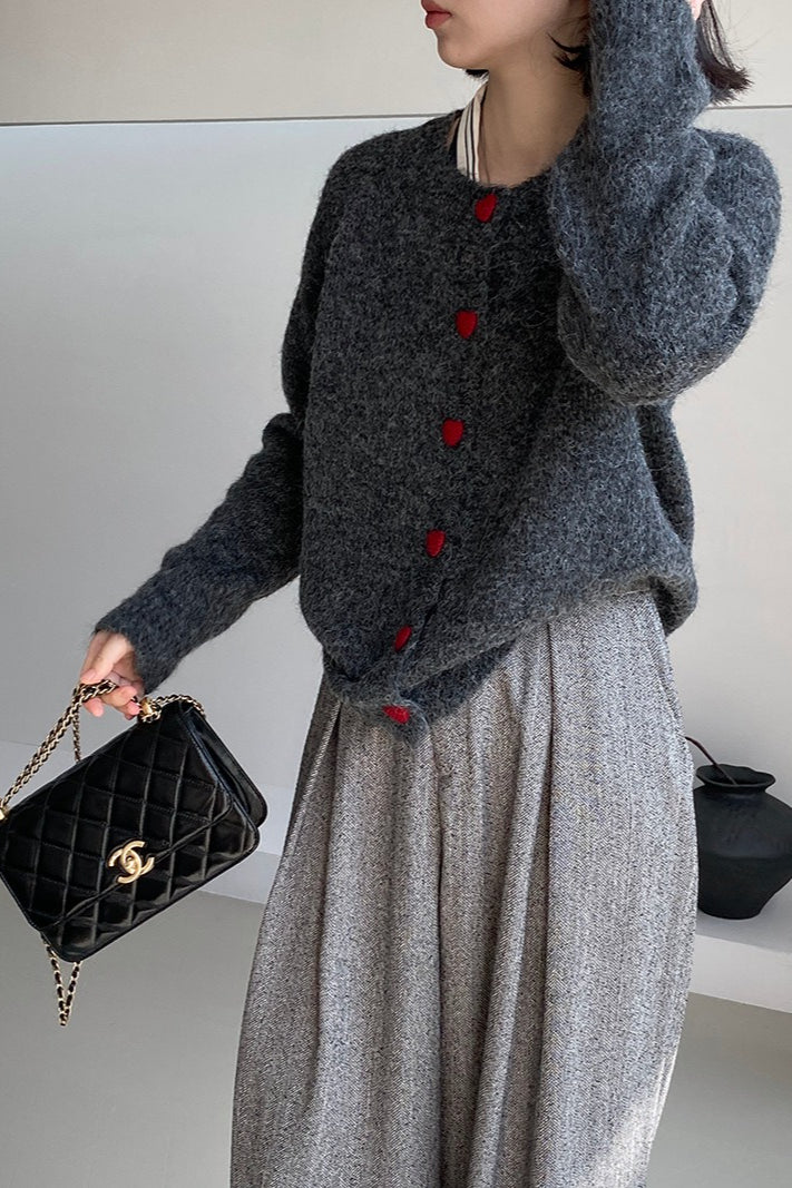Oversized Heart Button Round Neck Christmas Cardigan