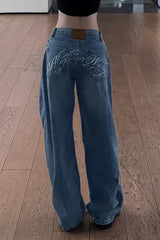 Vintage Rhinestone Letter Print Wide Leg Jeans