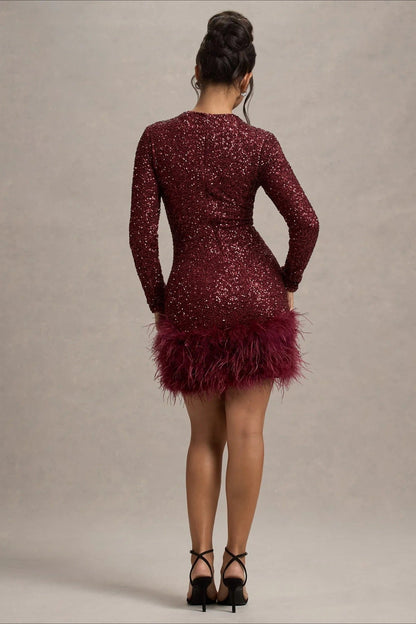 Chic Long Sleeve Crew Neck Solid Sequin Feather Sequin Dress