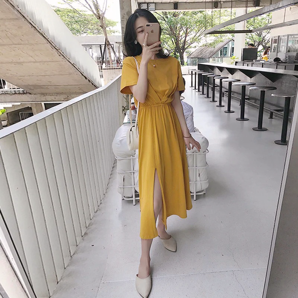 Julia Fashion - Solid Elastic Waist Slimming Summer Dress