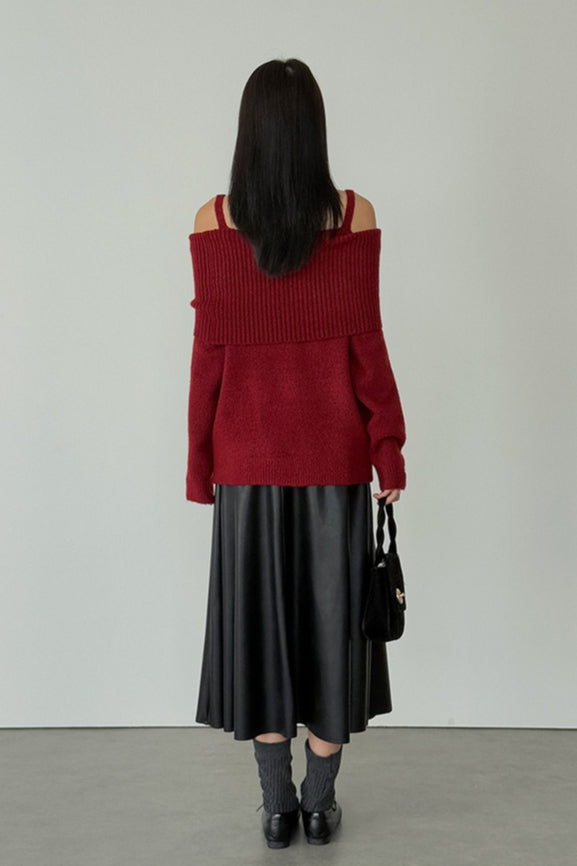 Off-Shoulder Bow Button Long Sleeve Wool Knitted Sweater