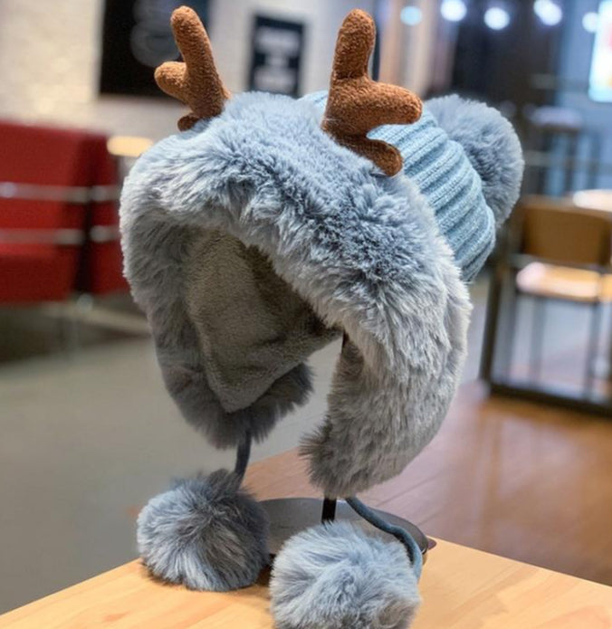 Reindeer Antler Pom Pom Earflap Christmas Hat