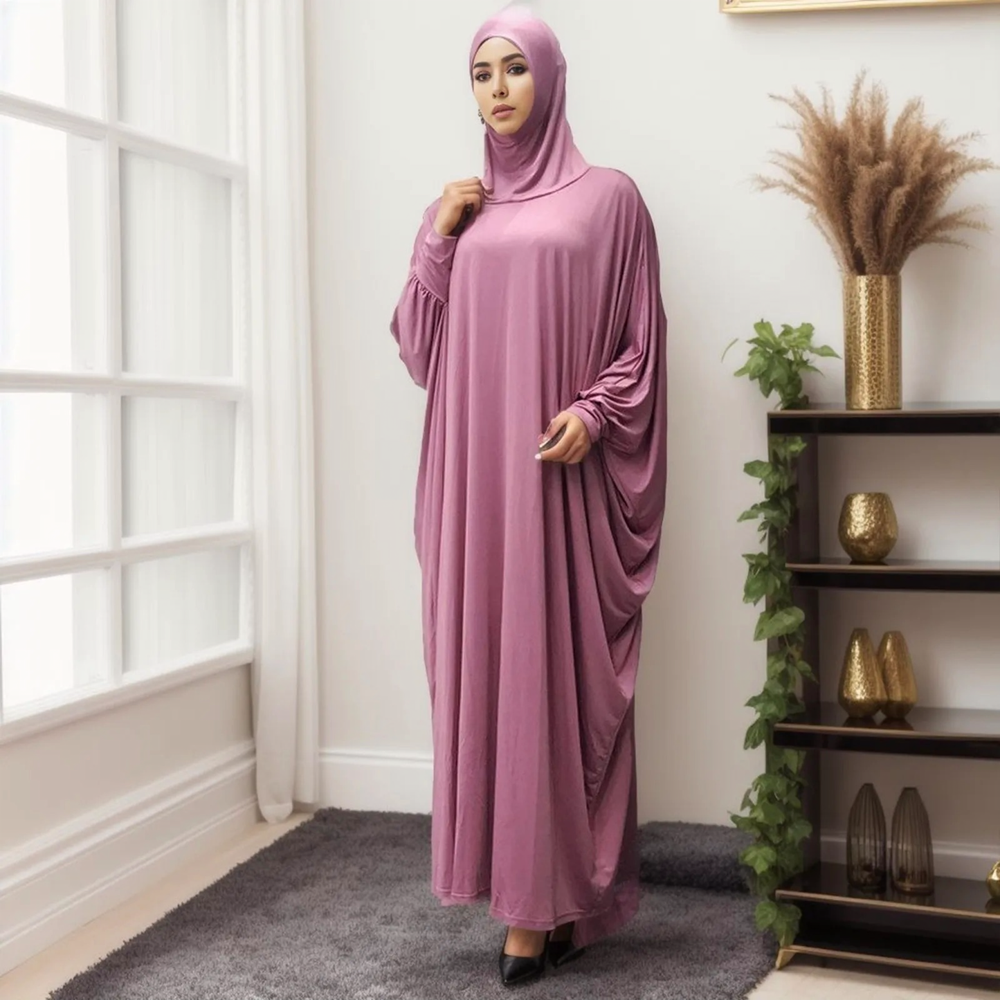 JuliaFashion - Women Solid Color Headgear Bat Cardigan Robes Ramadan Muslim Muslim Clothes Long Sleeve Cardigan Maxi Dress