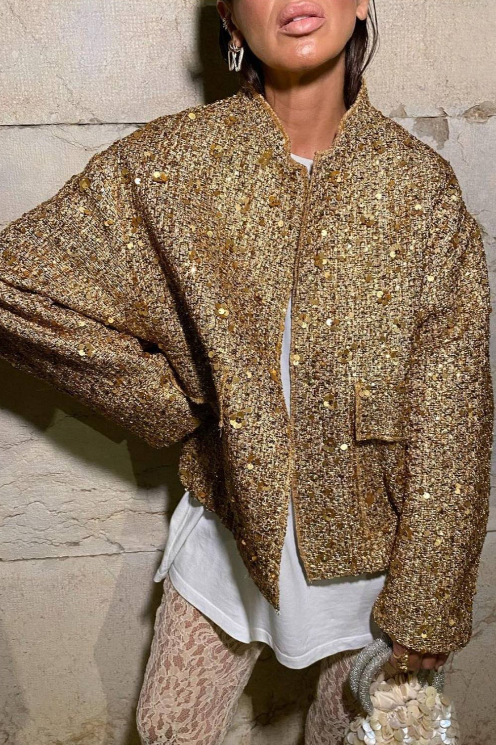 Gold 3D Sequin Embroidered Wool Blend Pocket Coat