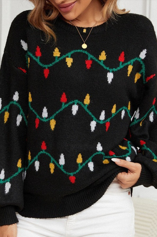 Christmas Lights Stripe Pattern Color Block Crew Neck Sweater