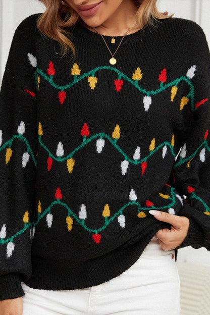 Christmas Lights Stripe Pattern Color Block Crew Neck Sweater