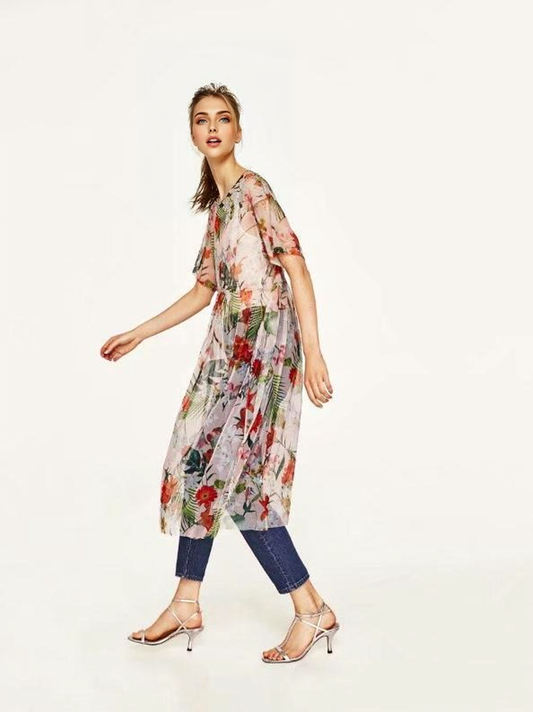 JuliaFashion-High On Life Floral Print Mesh Midi Dress