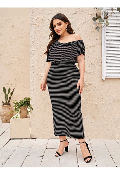 JuliaFashion - 2024 Shoulder Ruffle Stripe Rear Fork Waist Maxi Dresses