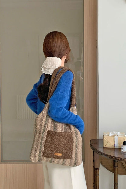 Christmas Red Plaid Faux Fur Panel Tote Shoulder Bag