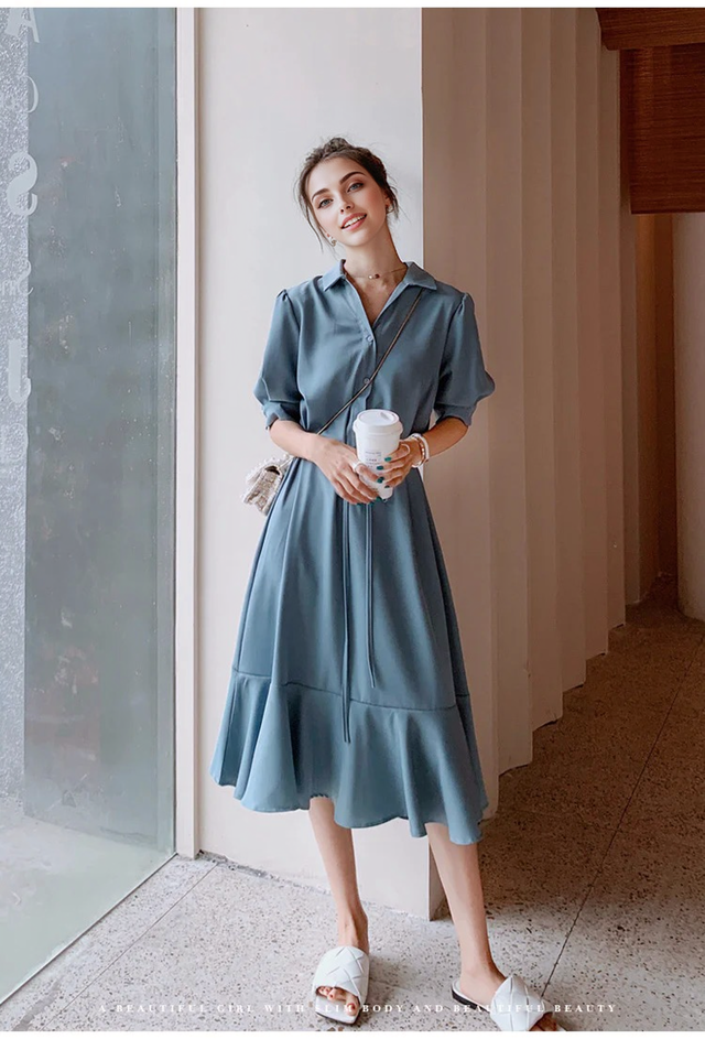 Julia Fashion - Blue Lapel Summer Dress