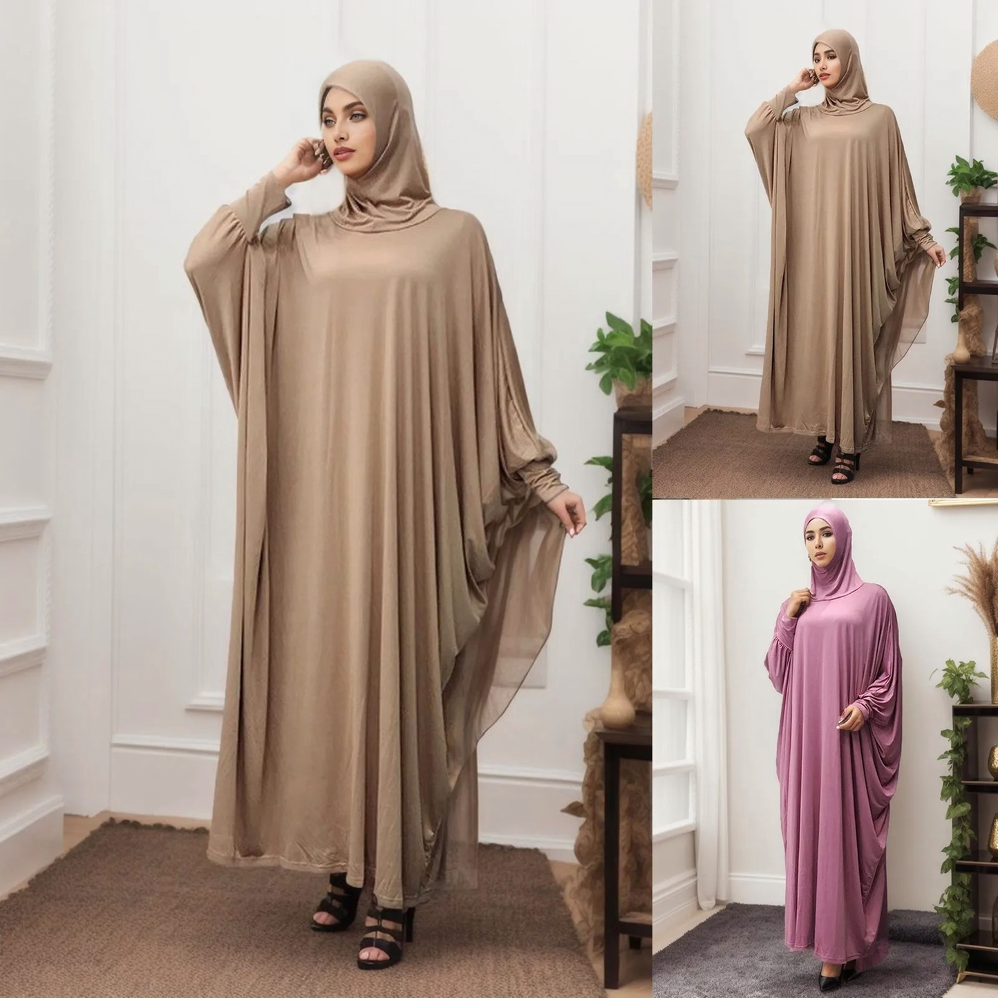 JuliaFashion - Women Solid Color Headgear Bat Cardigan Robes Ramadan Muslim Muslim Clothes Long Sleeve Cardigan Maxi Dress