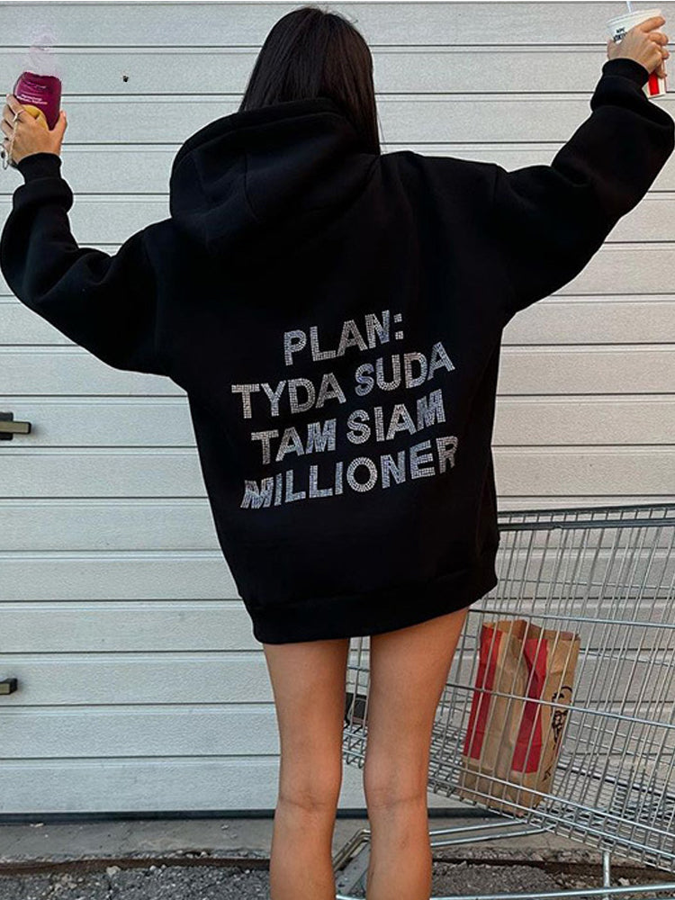 Rhinestone Stylish Oversized Black Hoodie