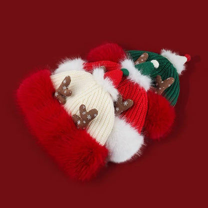 Reindeer Fleece Lined Knit Christmas Hat