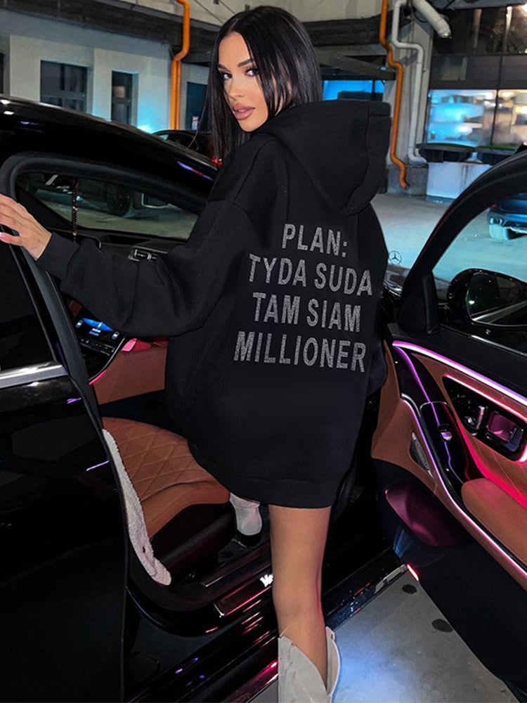 Rhinestone Stylish Oversized Black Hoodie