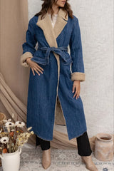 Elegant Sherpa Tie Waist Dual Pockets Denim Overcoat
