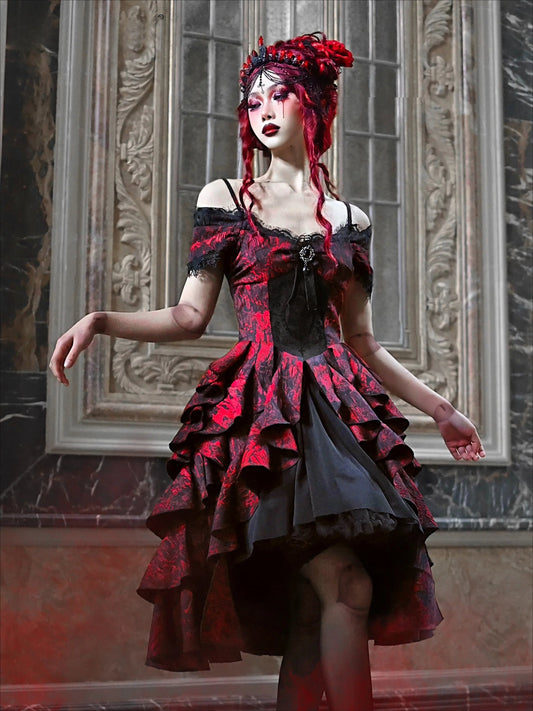 Japanese Gothic Style Red Black Halloween Off-Shoulder Court Wave Autumn Dark High-Waist Lolita Party Outfit