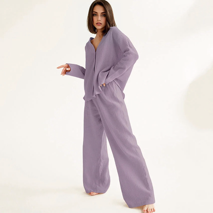 JuliaFashion-Cotton Linen Solid Single Breasted Long Sleeve Pijama Suit