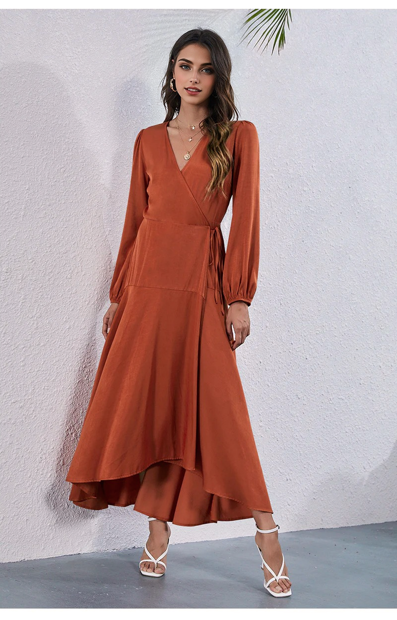 Julia Fashion - Satin V-Neck Tie Long Dress