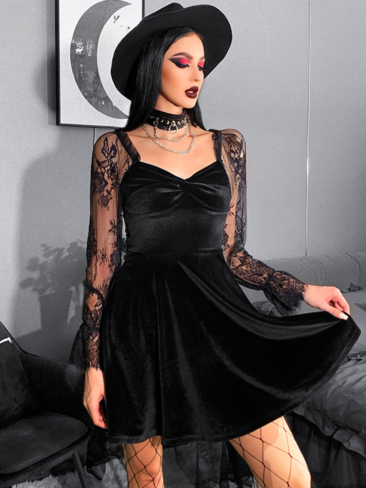 Velvet Lace Lantern Sleeve Twisted 40s 50s Retro V Neck Backless Bodycon Goth Outfit