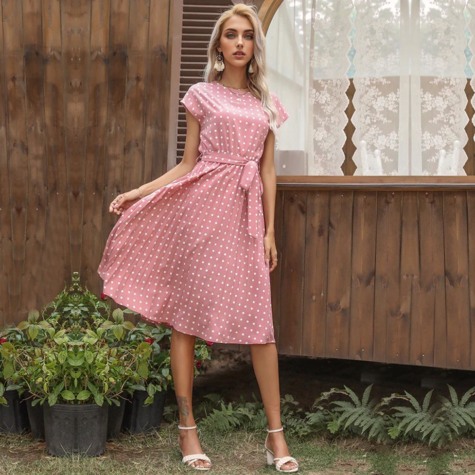 Julia Fashion - New O-Neck Polka Dots Short Sleeve Pleated Dresses