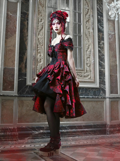 Japanese Gothic Style Red Black Halloween Off-Shoulder Court Wave Autumn Dark High-Waist Lolita Party Outfit