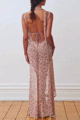 Strap Backless Slit Slim Floral Dress