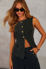 Denim Vest Wide Leg Crop Top Two Piece Pants Set