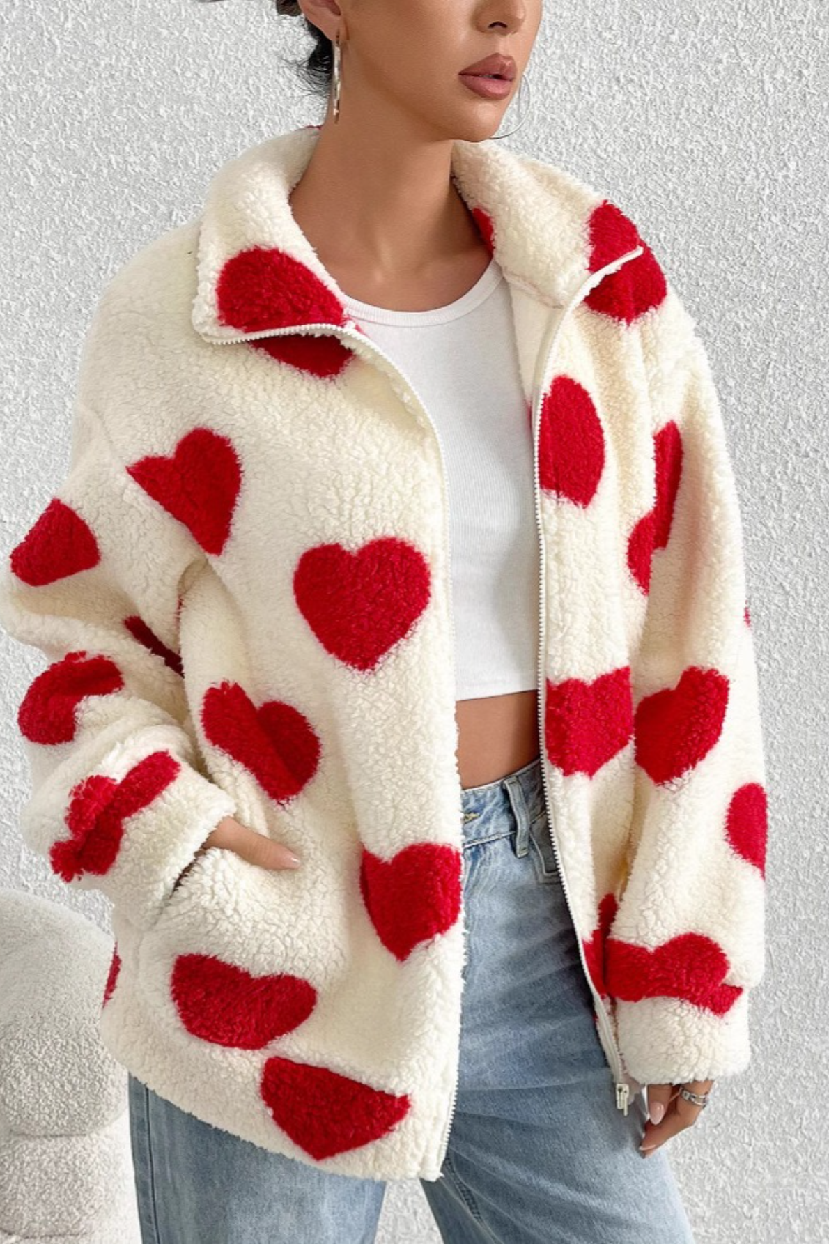 Fuzzy Heart Print Oversized Long Sleeve Zip Christmas Outerwear