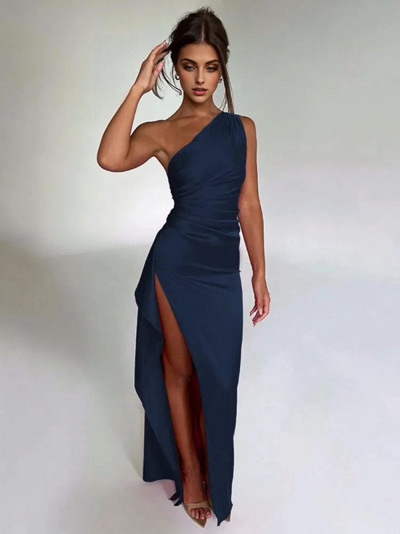 JuliaFashion-Elegant One Shoulder Sleeveless Satin Dress