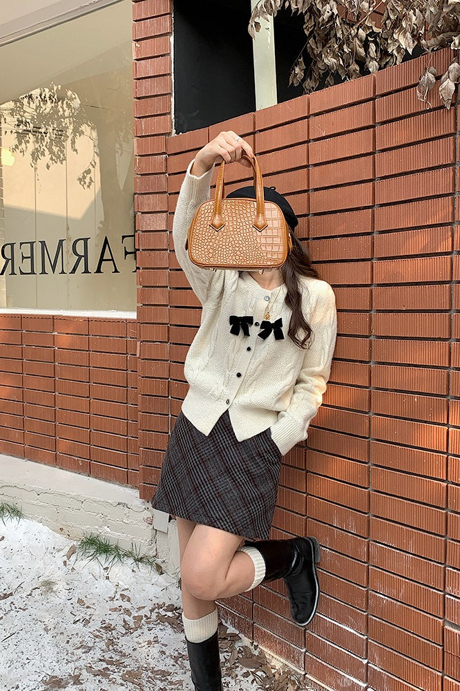 Sparkle Bow Detail Ribbed Christmas Cardigan