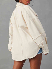 Long Raw Down Arm Denim Top Hem Button Jacket