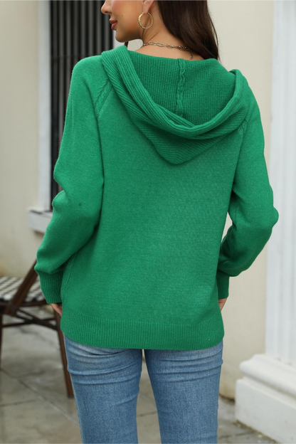 Solid Hooded Zip Drawstring Knit Cardigan Christmas Outerwear