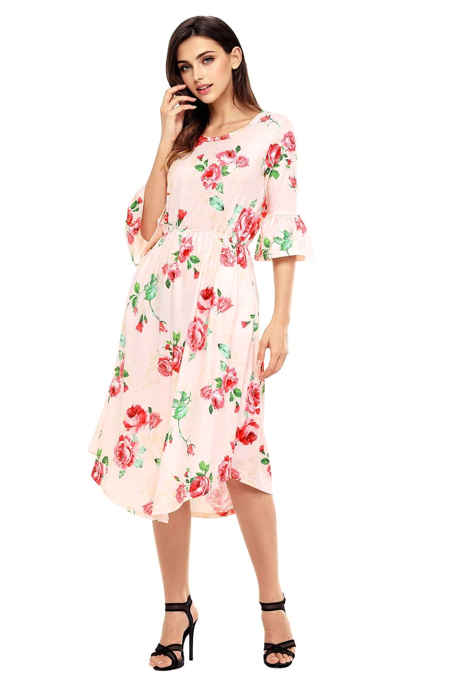 JuliaFashion-Find Me Floral Print Bell Sleeve Midi Dress