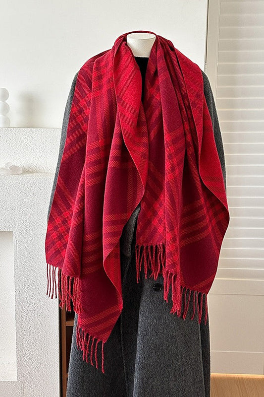 Double Faced Checkered Fringe Christmas Scarf
