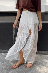 Lace Sheer Split Ruffle Asymmetrical Skirt