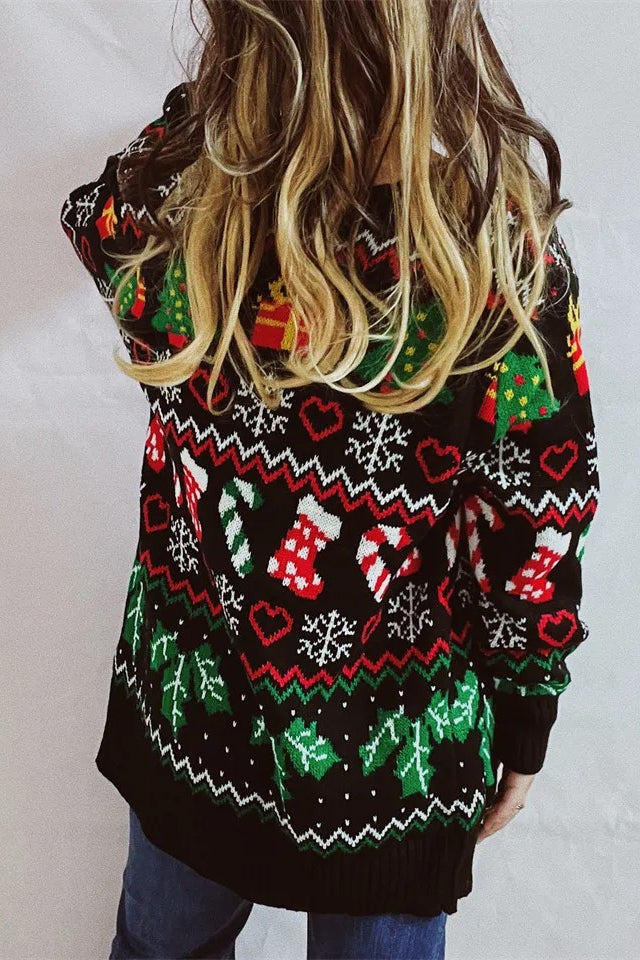 Themed Print Long Sleeve Button Christmas Cardigan