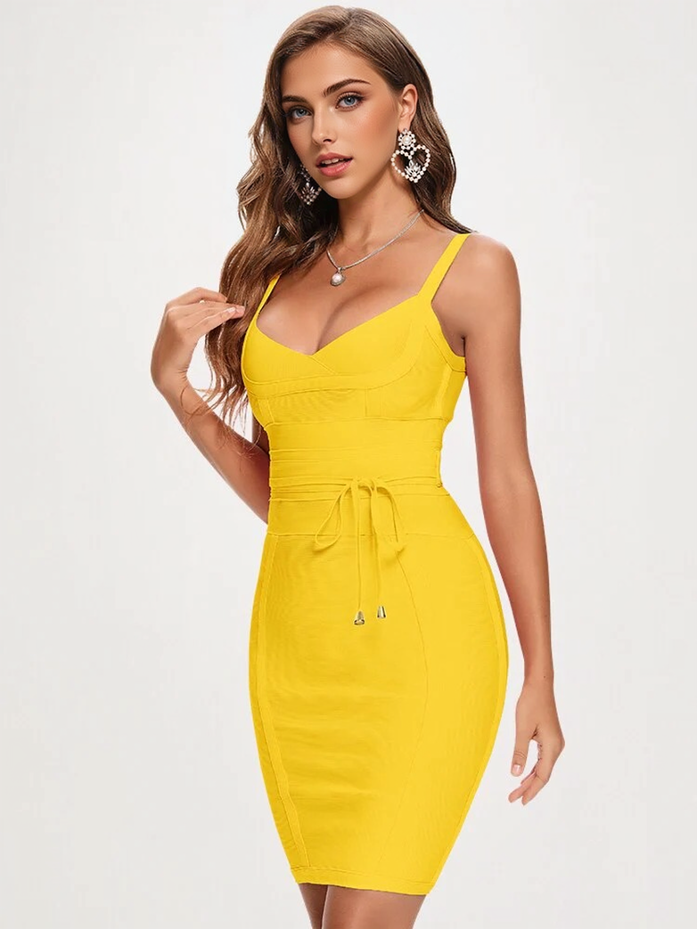 JuliaFashion - 2024 Spaghetti Strap Belt Sashes V-Neck Bodycon Dresses