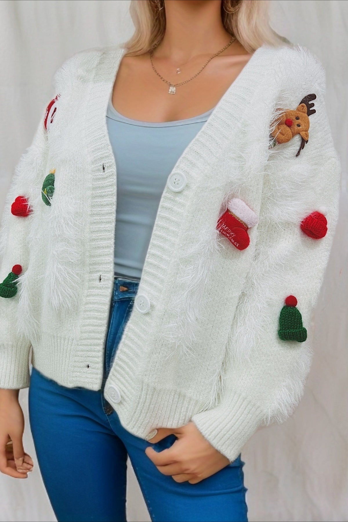 Christmas Mink Fleece 3D Trim Single-Breasted Cardigan Sweater
