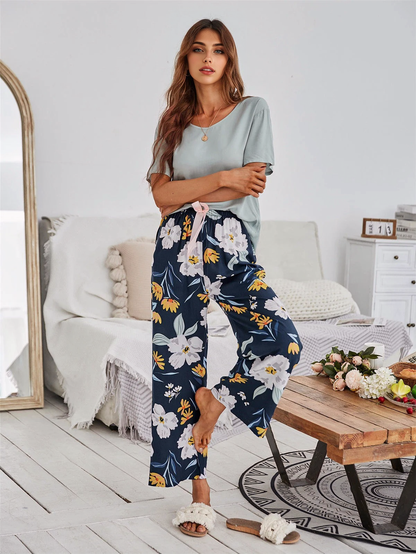 JuliaFashion-Contrast Color Cotton Viscose Home Sleepwear