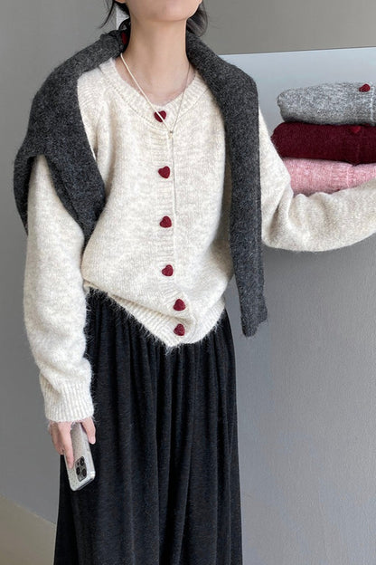 Oversized Heart Button Round Neck Christmas Cardigan