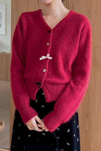 V Neck Bow Detail Button Christmas Cardigan