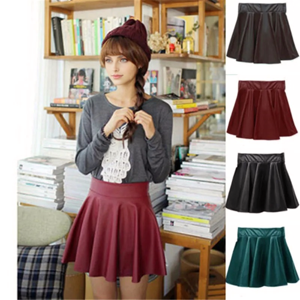 JuliaFashion - Sexy Slim PU Leather High Waist Short Mini Pleated Party Faux Leather Skater Flare Pleated Skirts