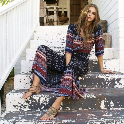 JuliaFashion-Bohemian Ethnic Patterns Sexy Maxi Dress