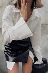 Solid Button Shirt And Faux Leather Skirt Set