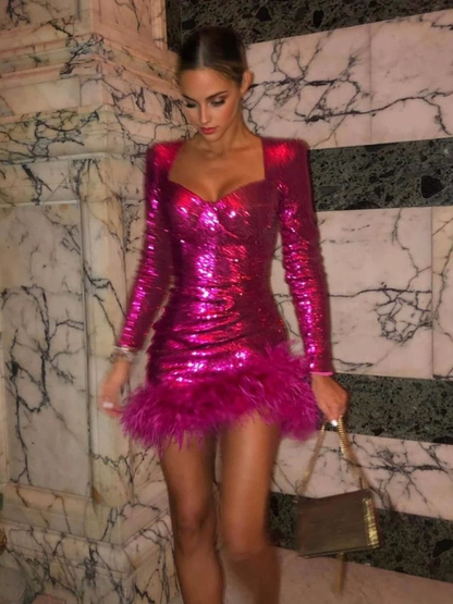 JuliaFashion - 2024 Sexy V-Neck Luxury Feather Sequin Mini Bodycon Dress