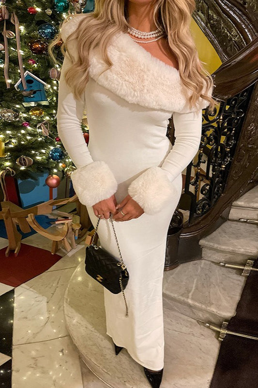 Fur Collar Paneled Asymmetric Neckline Solid Maxi Dress