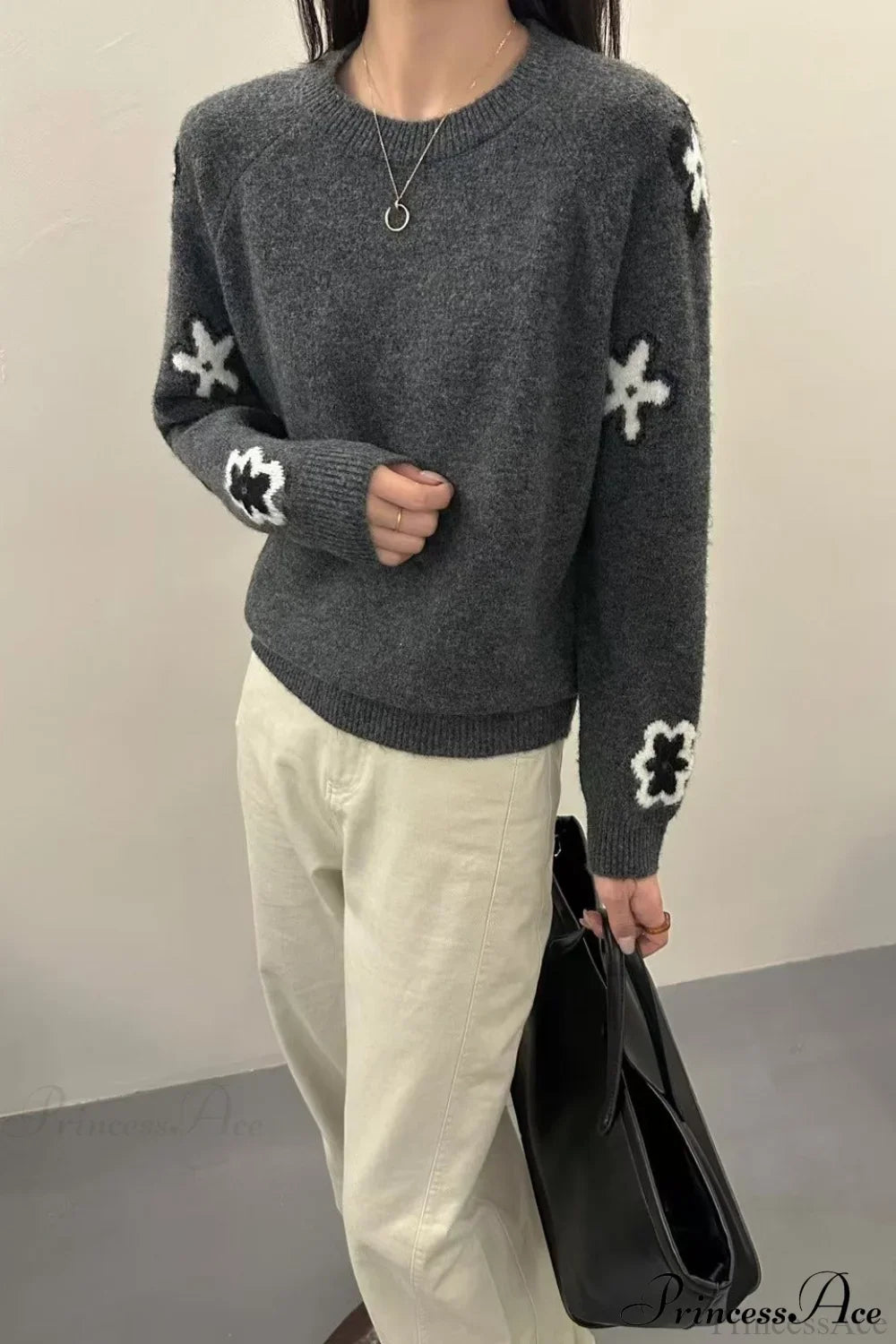 Gray Floral Pattern Slim-Fit Loose Pullover Sweater Dark Gray / One Size