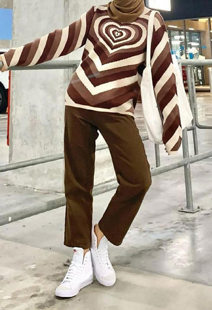 Heart Embroidered Stripe Trendy Crop Cami Top Brown / S Sweaters-L